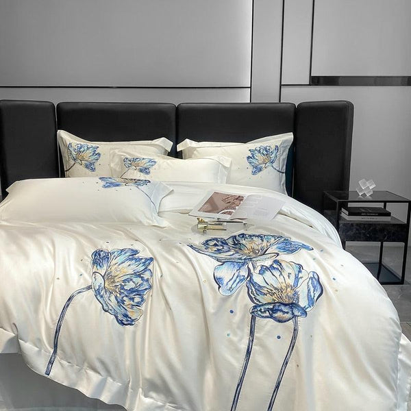 Conjunto de Roupas de Cama Flor de Lótus em 100% Algodão Egípcio 4 Peças