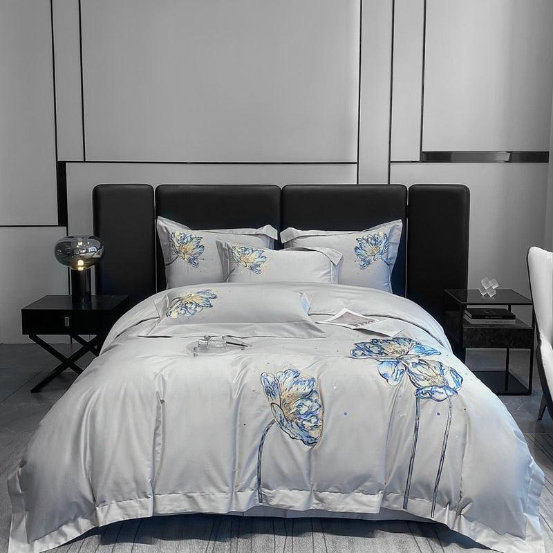 Conjunto de Roupas de Cama Flor de Lótus em 100% Algodão Egípcio 4 Peças